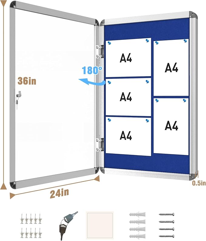Mifuro 36"x24" Enclosed Bulletin Board, Lockable Weather-Resistant Aluminum Cork Noticeboard for School & Office, Silver Frame w/Blue Flet