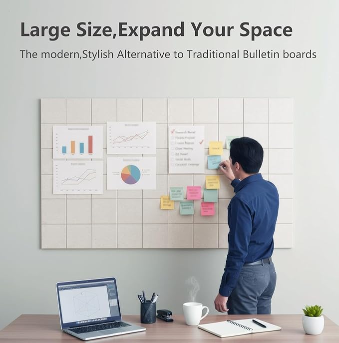 G Gamit Large Felt Wall Tiles Bulletin Board 59”x36”,Large Cork Board Alternative with 60 Pushpins, 15-Pack Felt Pin Board with 112 Safe Removable Adhesive Tabs for Home Office School (Oatmeal)