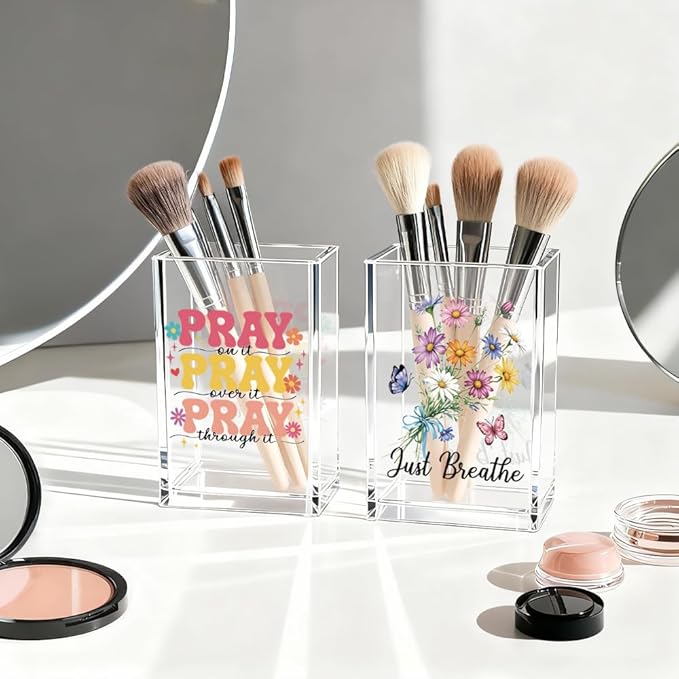 Vgrti Just breathe 2 Pack Acrylic Cosmetic Pencil Pen Holder Cup, Hope Inspirational Makeup Brush Organizer Holder, Women Faith Gifts, Christian Encouragement Gifts for Women Mom Daughter Teacher
