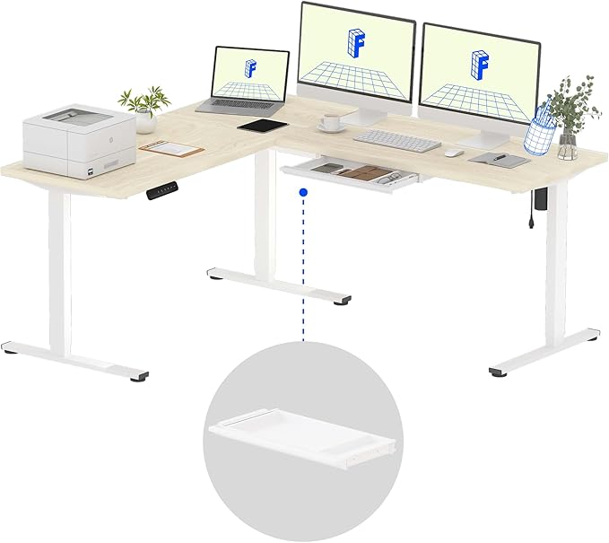 FLEXISPOT L Shaped Standing Desk, 71 x 63 Inch Electric Height Adjustable Corner Desk, Sit Stand Computer Workstation, Preset Controller, Home Office, White Frame with Maple Top, White Drawer