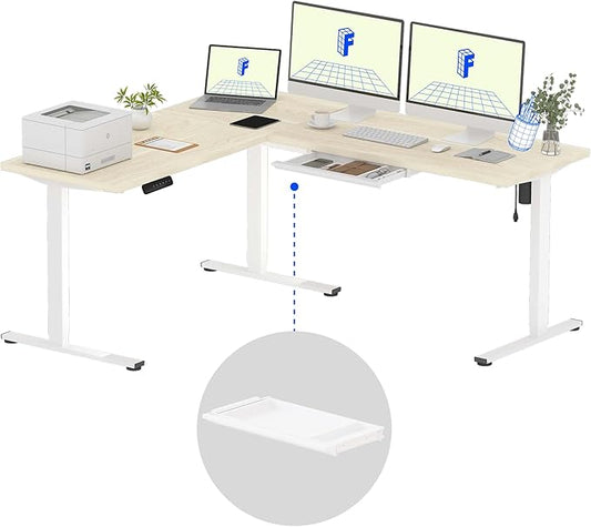FLEXISPOT L Shaped Standing Desk, 71 x 63 Inch Electric Height Adjustable Corner Desk, Sit Stand Computer Workstation, Preset Controller, Home Office, White Frame with Maple Top, White Drawer