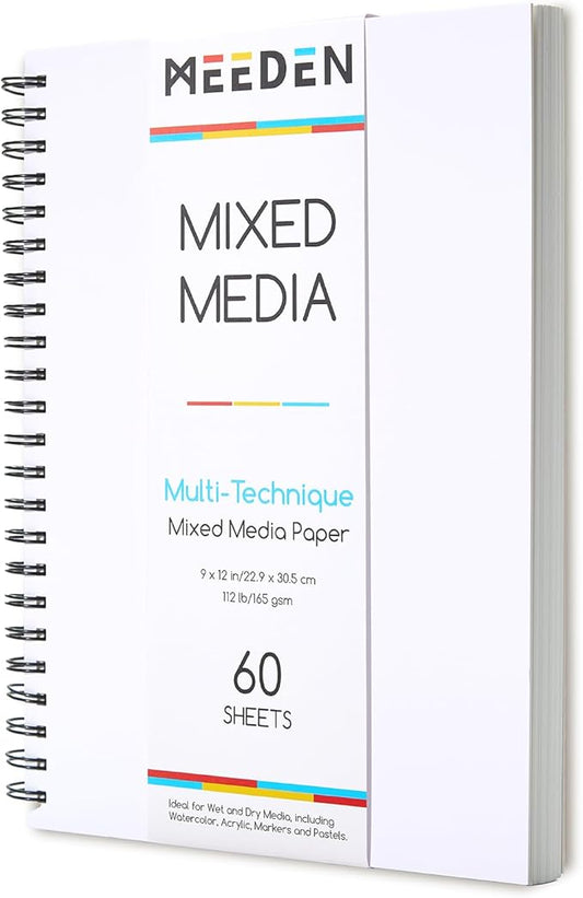 MEEDEN Mixed Media Paper Pad: 9" x 12" 112lb/165gsm Spiral Bound Mixed Media Sketchbook with DIY Cover - 60 Sheets Art Drawing Pad for Wet & Dry Media Watercolor, Acrylic, Markers, Pastels, Pencils