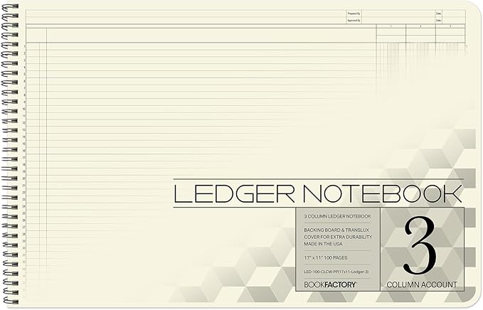 BookFactory Accounting Ledger Notebook/Large 3 Column Accounting Ledger Columnar (Three Columns) Log Book - 17'' x 11'', 100 Pages, Wire-O Landscape Format (Made in USA)