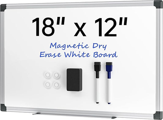 VUSIGN 18" x 12" Small Magnetic Whiteboard for Wall, Dry Erase Board with Silver Frame, Hanging White Board for Office, Home, School, Dorm – Includes Markers, Magnets & Eraser