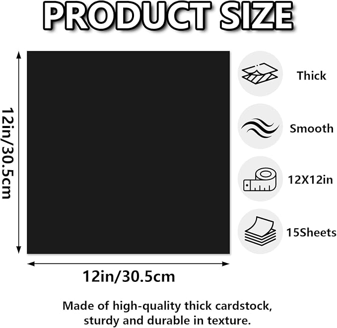 15 Sheets Black Cardstock 12"x12",250gsm/90lb Heavyweight Cardstock Paper, Thick and Smooth Card Stock Perfect for Card Making, Scrapbooking and Crafts
