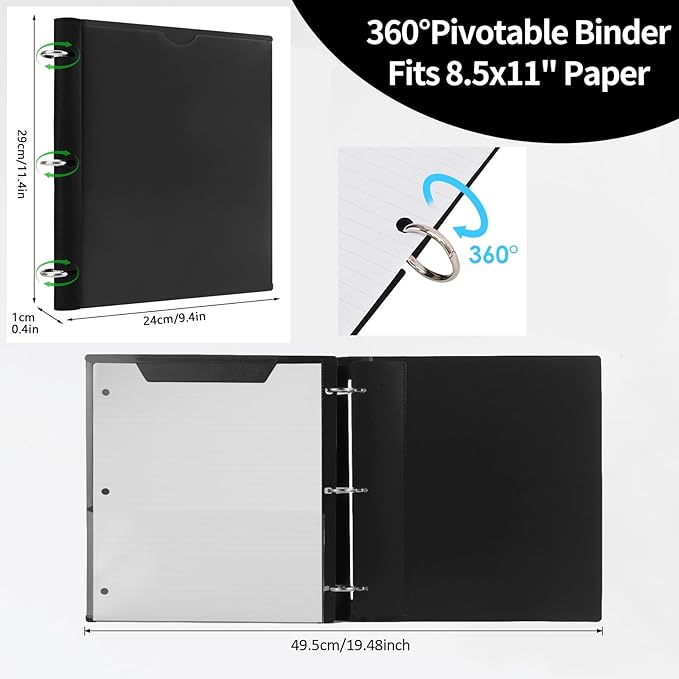 360° Pivotable 3 Ring Binder, Upgraded Foldable Binders 1 inch 2 Pack, Thin Small Three Ring Binder Fits 8.5" x 11", for Home, School and Office Binders Supplies - Black