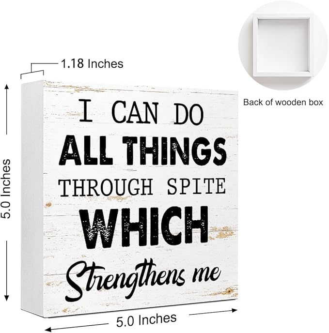 WUZYOU I Can Do All Things Through Desk Sign Wood Block Decor, Inspirational Office Wood Box Sign, Motivational Desk Accessories for Women Office Shelf 5x5x1 INCH