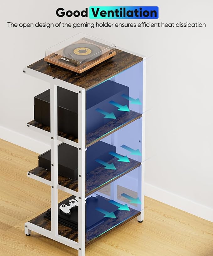 Ardier 4-Tier Wooden Media Stand, AV Media Stand Corner Shelf for TV Accessories/Audiovisual Equipment/Optical Disc/PS4, Audio Storage Rack for Living Room, Gaming Room, Music Studio, White
