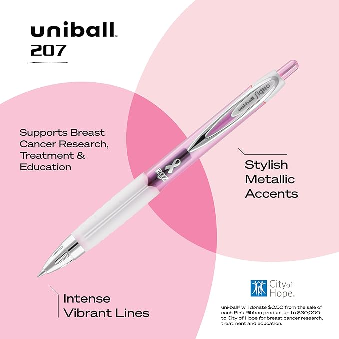 uniball 207 Pink Ribbon Retractable Gel Pens, Medium Point (0.7mm), Black, 12 Pack