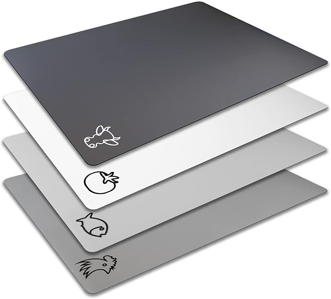 Fotouzy Flexible Plastic Cutting Board Mats with Food Icons, BPA-Free, Non-Porous, 100% Non-slip Back and Dishwasher Safe, Unique Modern Neutral Colors, Set of 4