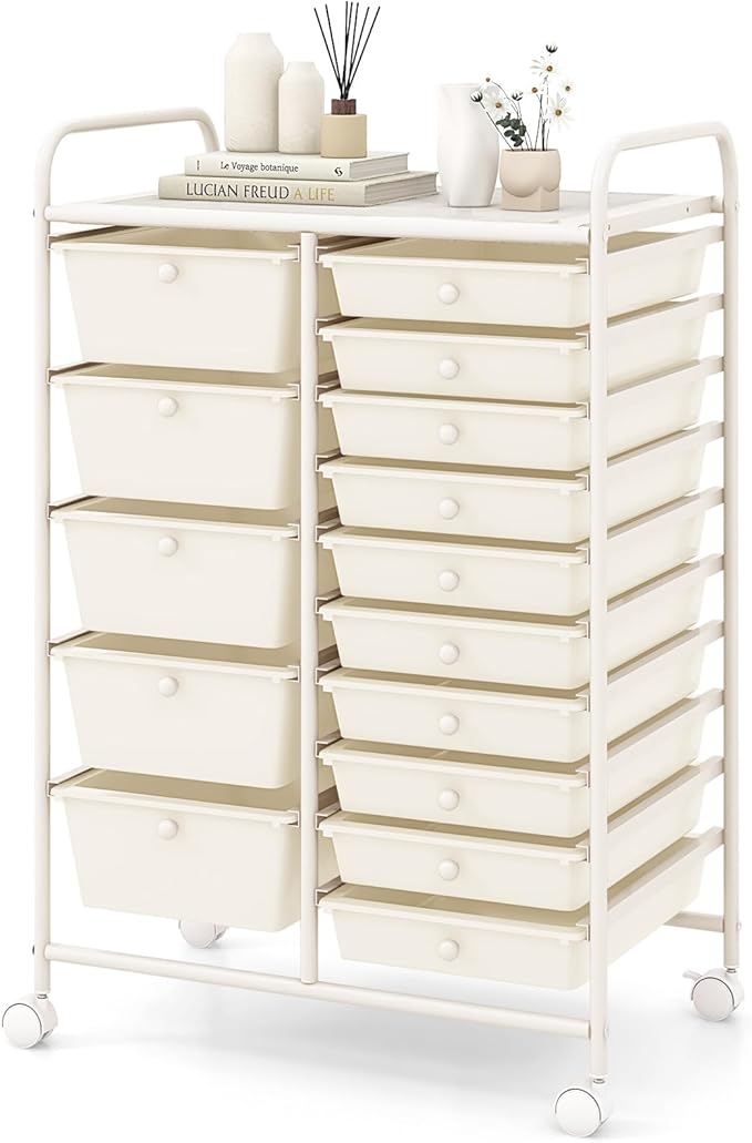 COSTWAY 15-Drawer Rolling Storage Cart, Mobile Utility Cart with Heavy-duty Frame & Lockable Wheels, Multipurpose Storage Organizer Cart for Tools, Paper, Drawer Cart for Home, Office, School, White