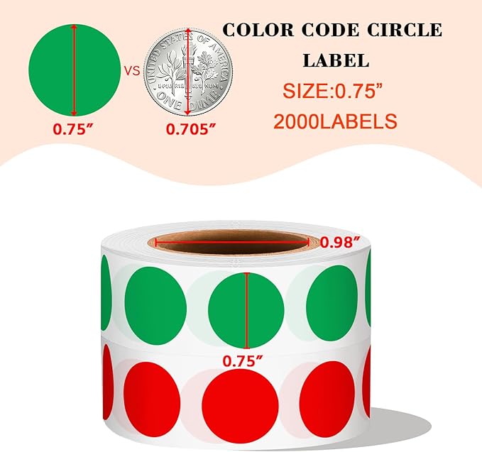 PARLAIM 2 Rolls 2000PCS 3/4" Round Circle Color-Code Dot Stickers,2 Color Style Colorful Coding Label Sticker for Home Office Classroom(Red+Green)
