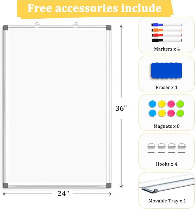 AMUSIGHT Double-Sided Magnetic Whiteboard, 36" x 24" Dry Erase Board, Aluminum Frame White Board for Wall, Hanging Mounting White Board Dry Erase Marker Board with 4 Markers, 1 Pen Tray