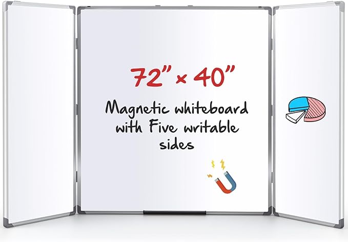 72” x 40” Foldable Whiteboard Dry Erase Board Large Tri Folding Whiteboard Magnetic Dry Erase Board, Wall Aluminium Frame and Pen Tray for Office, Home