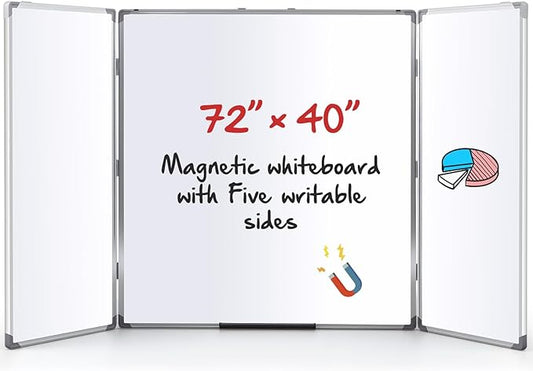 72” x 40” Foldable Whiteboard Dry Erase Board Large Tri Folding Whiteboard Magnetic Dry Erase Board, Wall Aluminium Frame and Pen Tray for Office, Home