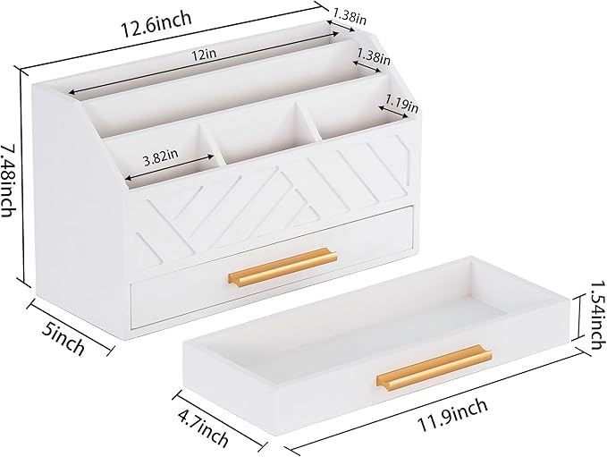 dreampossible white Wood Desk Organizer and Accessories with Drawer, Bill Mail Organizer and File Mail Holder for Office Supplies, Modern Desk Accessories & Workspace Organizers for Desk Organization
