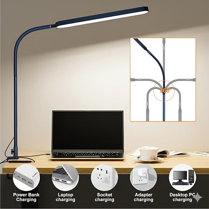 SKYLEO LED Desk Lamp - Desk Light for Home Office - Flexible Gooseneck - 5 Color Modes X 11 Brightness Levels - 1300LM - Timmer & Memory Function - 12W Clip on Light - Blue