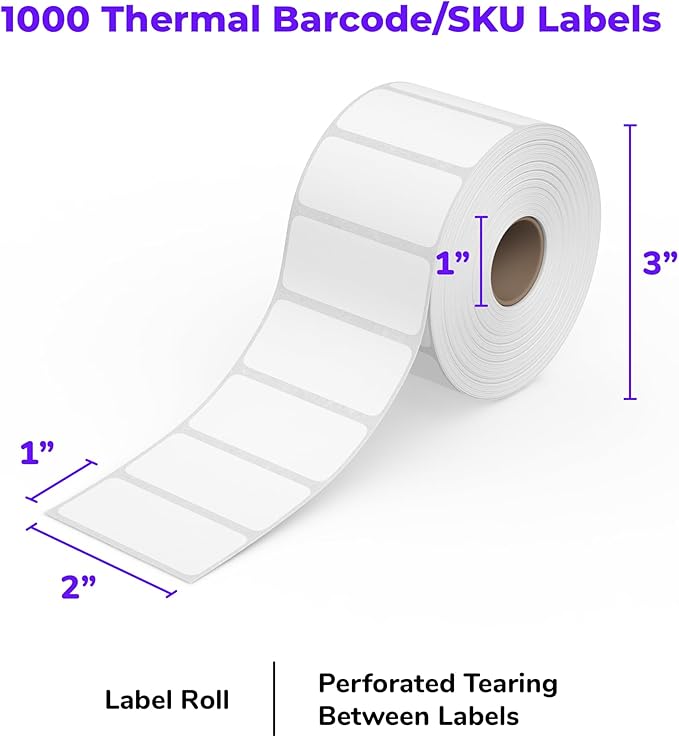 Rollo Direct Thermal 2x1 Barcode Labels - Roll of 1,000 Thermal Labels for Shipping (Commercial Grade Stickers)