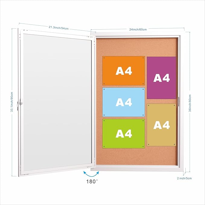36×24 Inch Lockable Enclosed Bulletin Board, Weather-Resistant Outdoor Noticeboard with 2Locking Doors, Wall-Mounted Silver Aluminum Frame & Cork Presentation Board