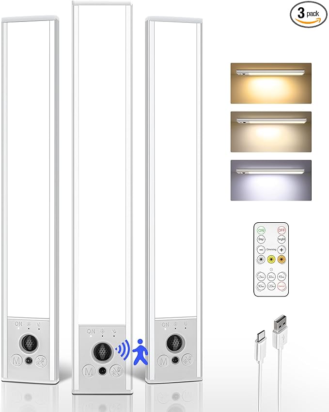 EZVALO 3 Pack Under Cabinet Lighting, 2400mAh Rechargeable Motion Sensor Light, 10inch Magnetic Closet Lights with Dimmable & 3 Color Temps, Wireless Motion Activated Lights with Remote for Kitchen