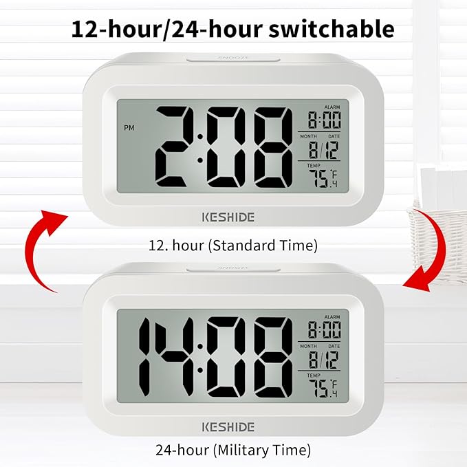 KESHIDE Travel Digital Alarm Clock, Battery Operated with Indoor Temperature, Desk Small Clock,Snooze Model,12/24H Display for Bedrooms Heavy Sleepers Kids Travel Bathroom