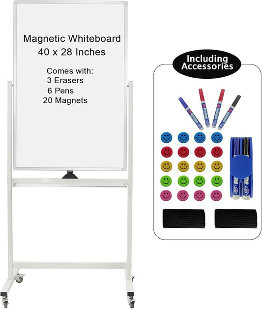 Max-officoo 40" x 28" Mobile Dry Erase Whiteboard Double-Sided White Boards on Wheels Flip-Over Magnetic Rolling Whiteboard with Stand, Aluminium Frame