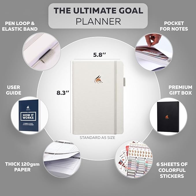 Clever Fox Ultimate Achiever’s Goal Planner - Focus & Productivity 90 Day Journal. Undated Daily Weekly Monthly Planner Organizer & Hourly Schedule Notebook - Hardcover, A5 Size, Pearl White