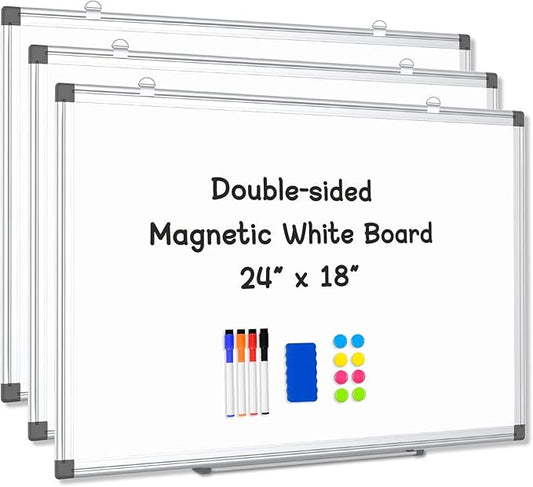 AMUSIGHT 3 Pack Double-Sided Magnetic Whiteboard, 24" x 18" Dry Erase Board, Aluminum Frame White Board for Wall, Hanging Mounting White Board Dry Erase Marker Board for Office, School, Home