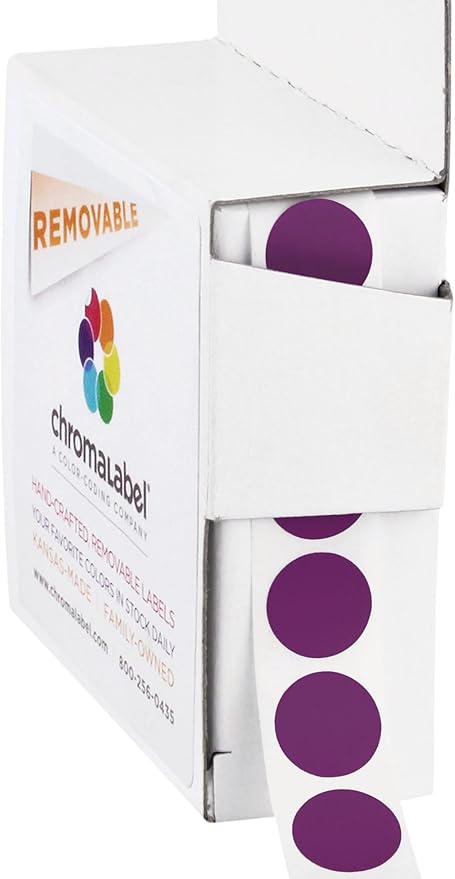 ChromaLabel 0.50 Inch Round Label Removable Color Code Dot Stickers, 1000 Labels per Dispenser Box, Purple