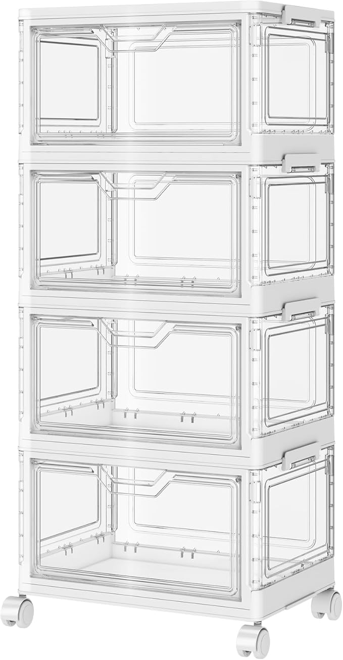 SNSLXH Portable Clear Storage Bins with Lids & Wheels, 24QT Clear Storage Bins with Lids, 4-Tier Plastic Bins with Wheels, Stackable, Magnetic Doors, for Bedroom, Living Room, Office
