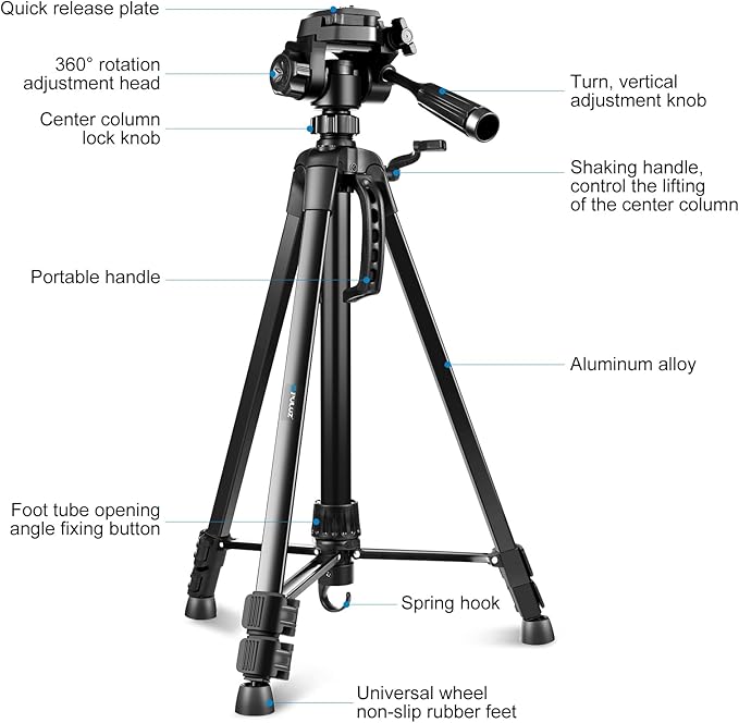 PULUZ Camera Tripod, 55"/139cm Lightweight Portable Travel Outdoor DSLR Tripods for Camera Phone Video Recording Tripod Stand, Cellphone Clip for Smartphone Live Streaming Vlog