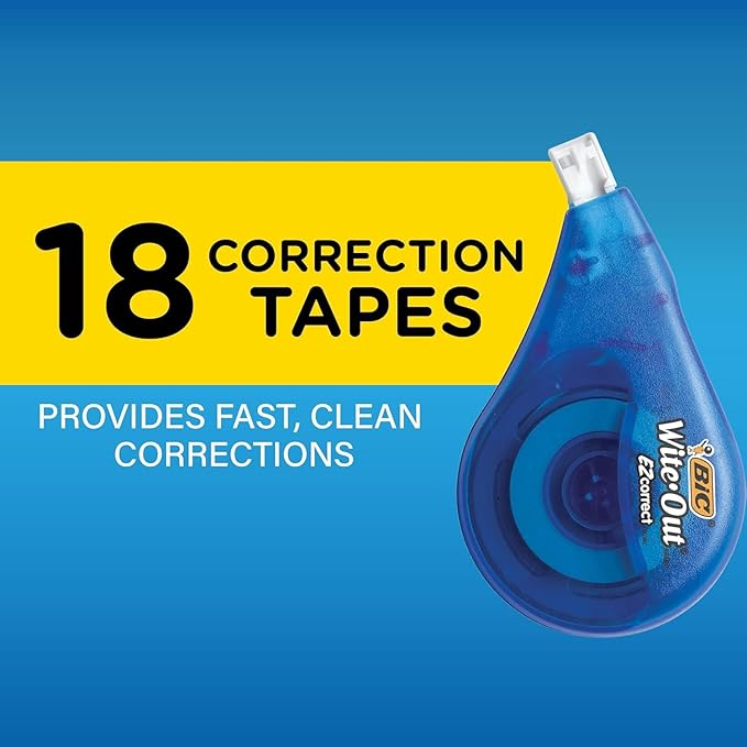 BIC Wite-Out EZ Correct Correction Tape, Tear-Resistant and No Dry Time, 18-Count Pack in White
