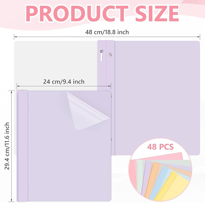 Feifeiya 48 Pack Plastic Report Covers with 3 Prongs Presentation Folders Bulk, 100 Sheet Capacity, Clear Front Report Covers for Presentation Document Paper School Office Supplies (Fresh Colors)