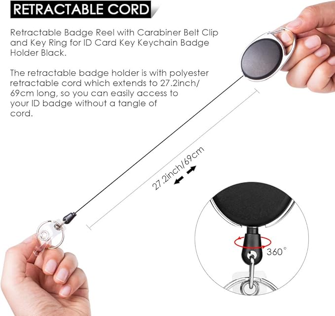 Retractable Badge Holder with Carabiner Reel Clip and Key Ring for ID Card Key Keychain Holders Black 10 Pieces by Moever