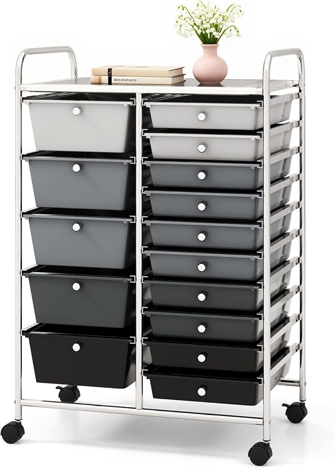DORTALA 15-Drawer Rolling Storage Cart with Drawers, Rolling Utility Cart w/Removable Drawers & Universal Wheels, Tools Scrapbook Paper Organizer for School, Office, Home, Classroom (Gradient Black)