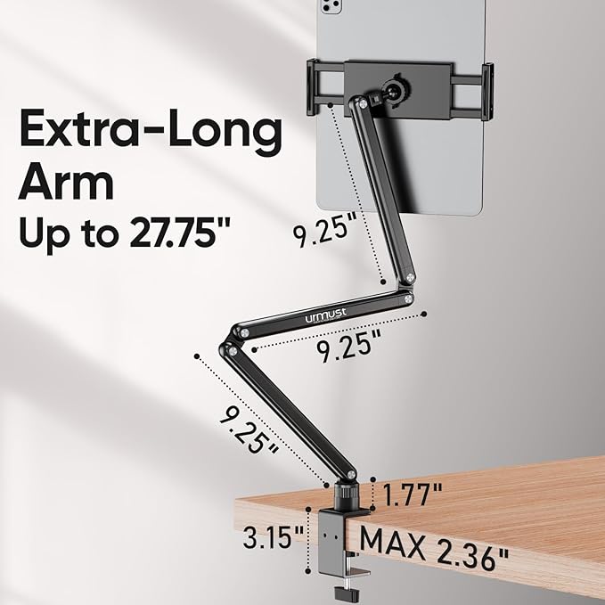 Urmust Tablet Stand for Desk, Adjustable iPad Holder Clamp Mount, 360° Rotation, Sturdy Aluminum Tablet Arm Mount for 4.7"-15.6" iPad Pro/Air/Mini, iPhone, Galaxy Tab, for Kitchen, Work, Video Call
