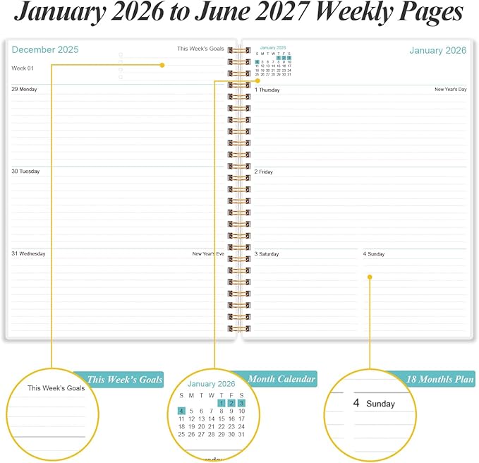 2026-2027 Planner - 18 Months Weekly & Monthly Planner from January 2026 - June 2027, Spiral Planners 2026-2027 with Elastic Closure, Inner Pocket, Medium 8.5" x 11", Rose Flower