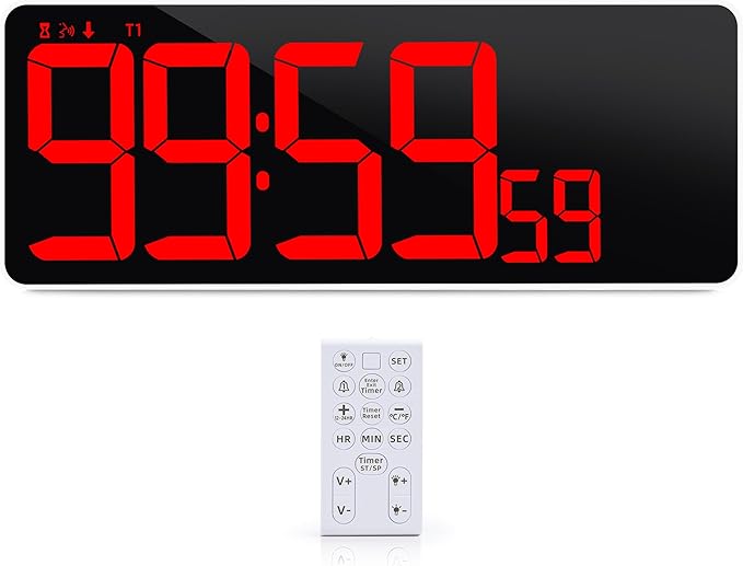 KMMKGG 13.7”Digital Timer Large LED Screen displays（5'' Number）,The Date time, Remote Control, Turn on/Off 10 Seconds Countdown Voice Notification, for Chefs,Students, Children, Seniors