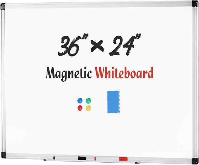 NEWBULIG White Board, 36" x 24" Magnetic Dry Erase Board for Wall with 1 Dry Eraser & 2 Multi-Color Markers & 4 Magnetic Pins, Silver Aluminum Frame for Office, Home, School
