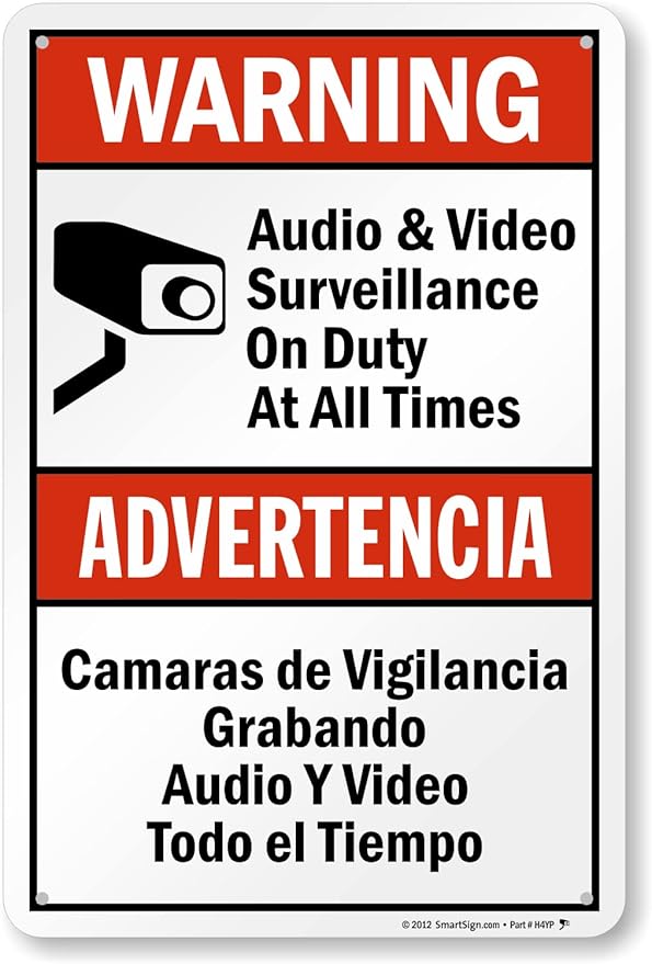 SmartSign 18 x 12 inch “Warning - Audio & Video Surveillance On Duty At All Times” Bilingual Sign, 63 mil Laminated Rustproof Aluminum, Red, Black and White, Made in USA