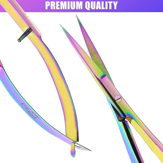 Cross Edge Spring Scissors 5 Inch straight Stainless Steel Precision Eyebrow & Eyelash Shaping & Trimming Scissor, Snips Squeeze, Embroidery, Knitting Micro Tip Craft Scissors (Rainbow)