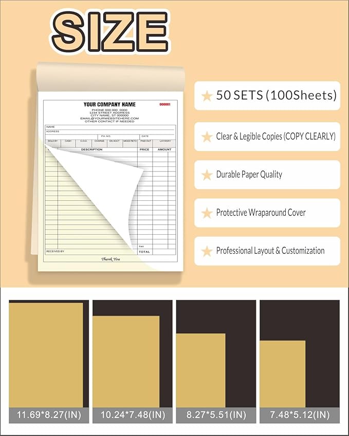 Custom Carbonless Invoice Book with Logo, Personalized Cover & Inner Pages, 2 Part NCR Receipt & Work Order Forms, Easy Tear, Writing Shield for Small Business (2-part [White/Yellow], 7.48 x 5.12INCH)