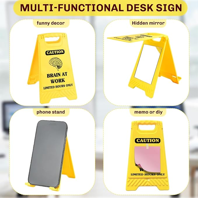 Funny Office Desk Accessories,Office Cubicle Decor Gift for Coworker Designer Boss Home Workspace Table Signs，Phone Holder Mirror Acrylic Work Humor Stress Relief Caution Desk Decor(Brain At Work)