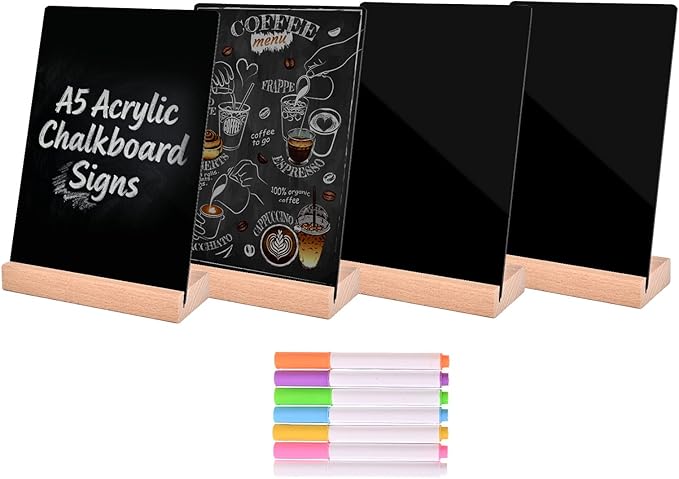 Pintuson 4 Pack Mini Chalkboard Signs - 8x6 inch Acrylic Chalk Board - Small Chalkboard Signs with Beech Base - Double Sided Blackboard for Display Menus, Food Signs, Message Boards, Table Numbers