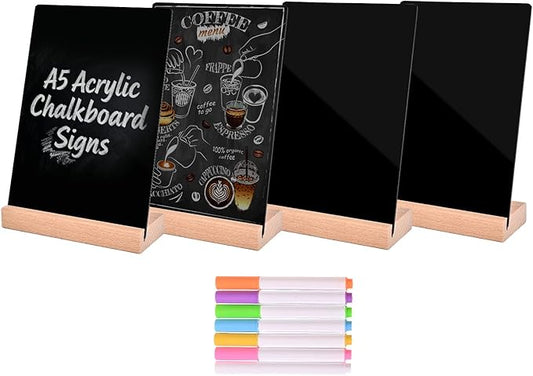Pintuson 4 Pack Mini Chalkboard Signs - 8x6 inch Acrylic Chalk Board - Small Chalkboard Signs with Beech Base - Double Sided Blackboard for Display Menus, Food Signs, Message Boards, Table Numbers