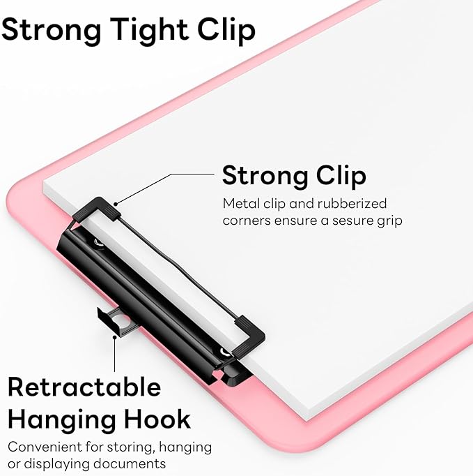 Zoenley A4 Plastic Clipboard Set of 12, Pink 12.5 x 9 Letter Size for Classroom, Students, Teacher, Nurse, A4 Clear 8.5 x 11 Clip Board with Low Profile Black Clip, Office & School Supplies