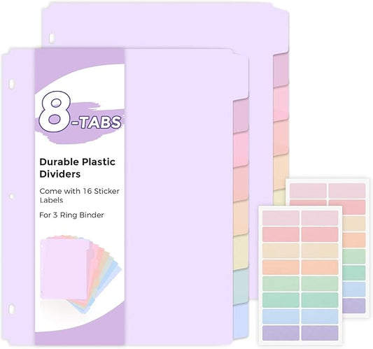 SKYDUE Durable Plastic 8-Tab Dividers, 2sets, Big Tab Dividers for 3 Ring Binder, Write&Erase 3 Ring Binder Dividers with Tabs, with Sticker Labels