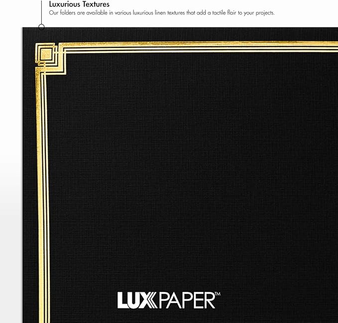 LUXPaper 9.5" x 12" Certificate Holders | Black Linen | Embossed Gold Foil Border | 100lb. Cover | 250 Qty