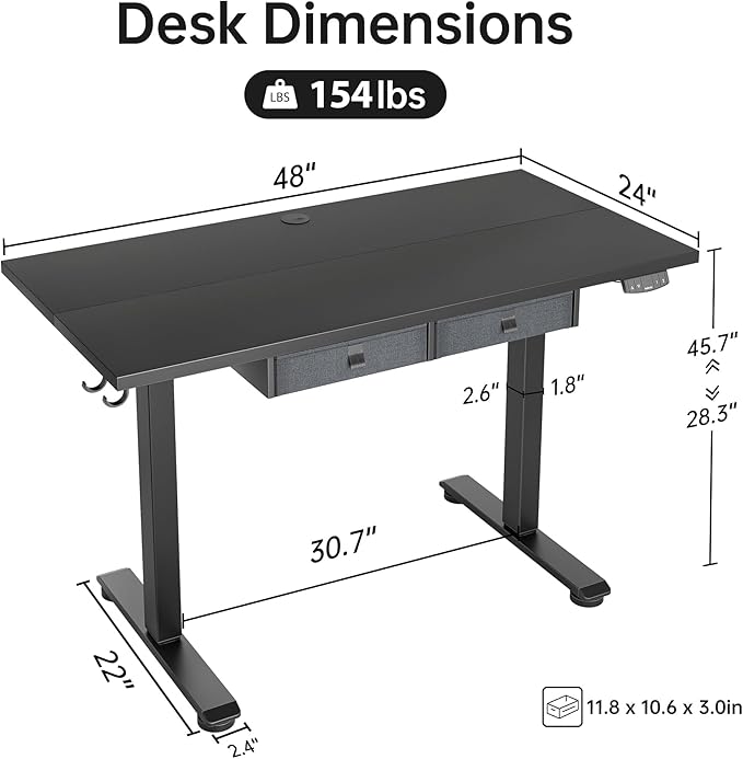 Agilestic Standing Desk with 2 Drawers, Adjustable Height Electric Desk with Storage, 48 x 24 Inches Sit Stand Up Computer Table for Work Office Home, Black