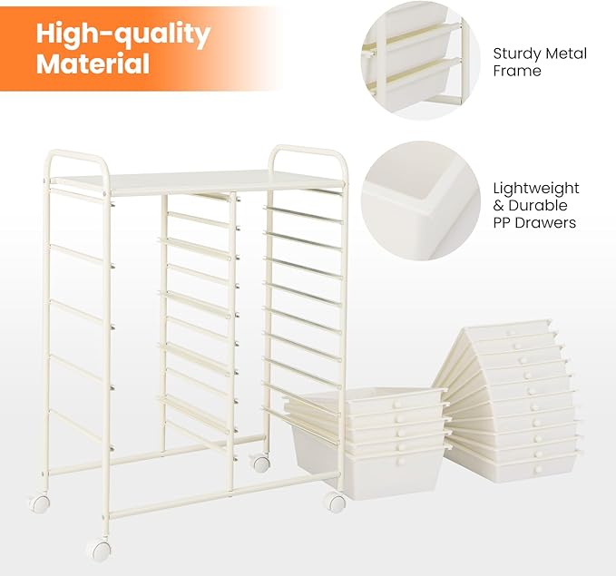 HAPPYGRILL 15-Drawer Rolling Cart, Storage Carts with Removable Drawers & Steel Frame, Utility Cart on Lockable Wheels for Home, School, Office (Ivory)